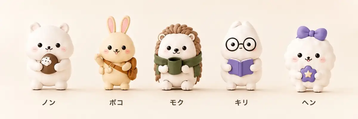 ノン、ポコ、モク、キリ、ヘンの5人のNOLIAキャラクター